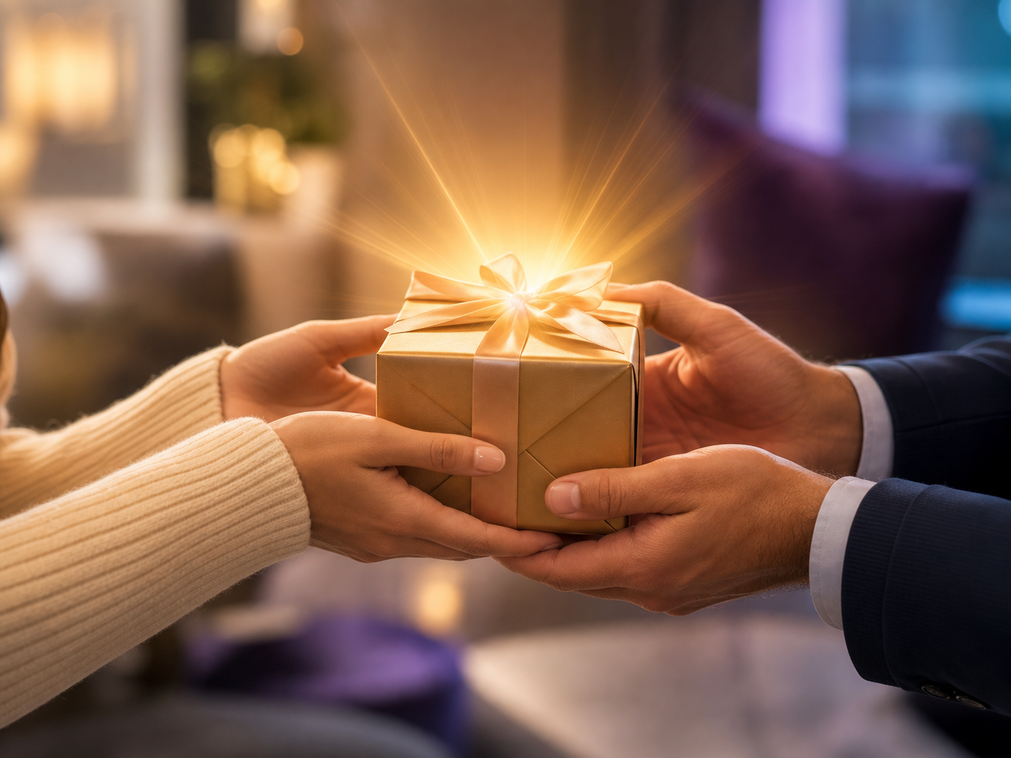 Hands exchanging a glowing gift box representing charitable giving and Tzedakah